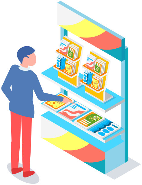 一个男人在看书架上的书和小册子图片下载