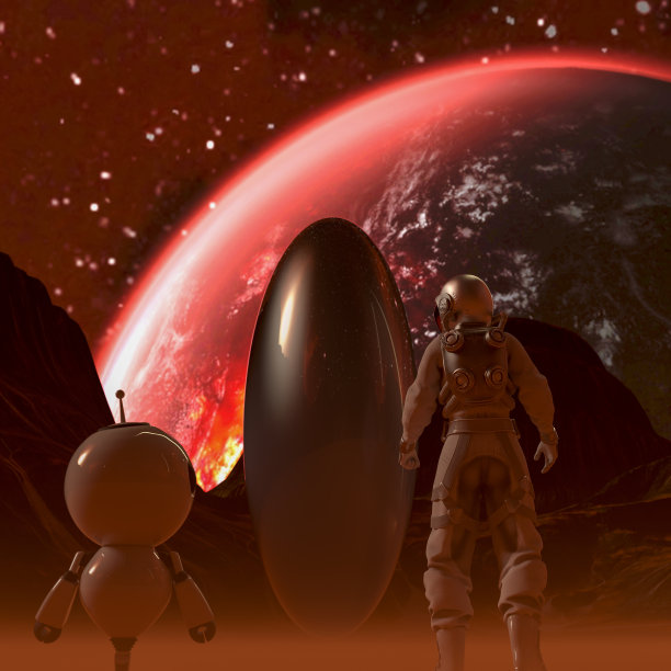 宇航员和小机器人在一个沙漠外星球的夜晚面对一个奇怪的蛋形物体图片下载