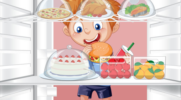 饥饿的男孩在冰箱里找食物图片下载