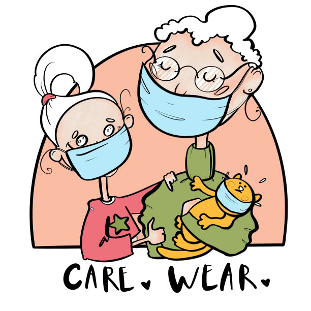 插画卡通风格冠状病毒病家庭互相关爱的女孩与奶奶带着口罩家猫正面性格色彩鲜艳图片下载