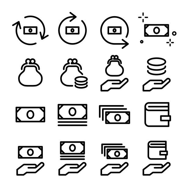 套图标的货币，纸币，硬币硬币，支付，钱包，钱包，家庭，金融图片下载