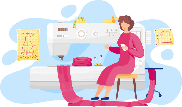 女孩手里拿着卡片坐在那里。设计服装模型的设计师。使用缝纫机工作图片下载