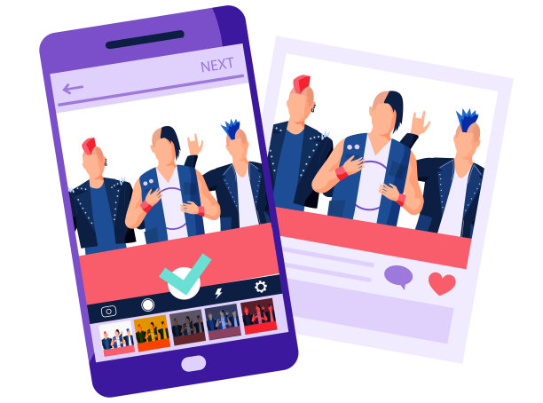 人们用手机编辑图片。红色发型的摇滚乐队张开双臂站着图片下载