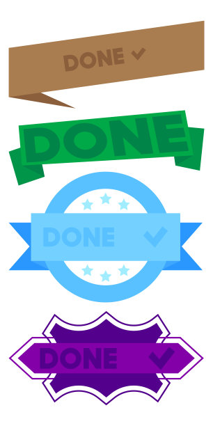 一组带完成文本和Checkmark的彩带。旗帜模板。标签贴纸。的迹象。图片下载