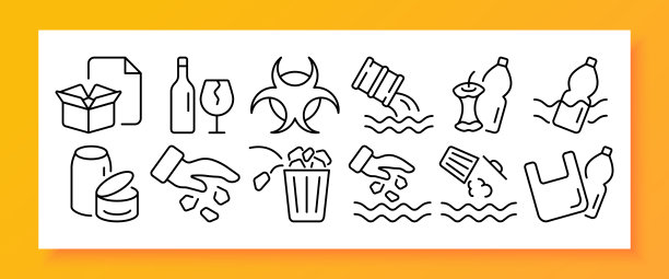 扔掉垃圾设置图标。盒子、纸张、碎玻璃、瓶子，倒进河里，化学废料、塑料、易拉罐、垃圾桶、水污染。回收的概念。矢量线图标的业务图片下载