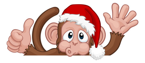 圣诞猴子卡通人物在圣诞老人的帽子图片下载