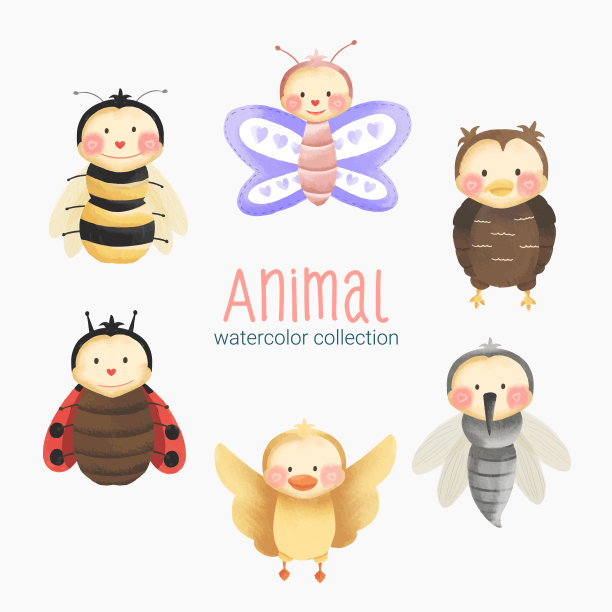 水彩卡通昆虫和鸟类设置的贴纸和热带和森林人物的表情化身图片下载