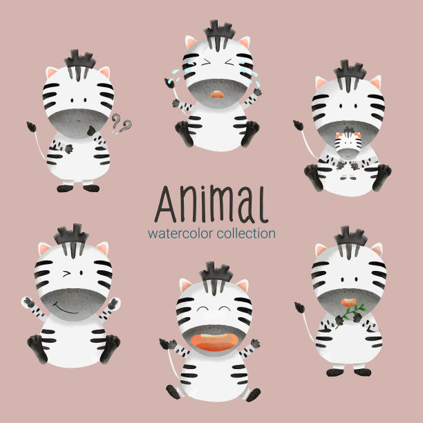 水彩卡通动物设置的贴纸和表情符号的热带和森林字符图片下载