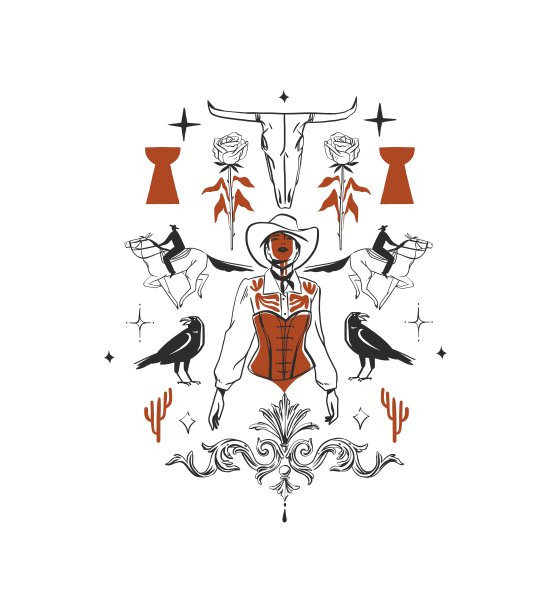 手绘抽象矢量图形剪贴画插图波西米亚牛仔女孩在帽子肖像。西方女性设计理念。波西米亚狂野西部当代艺术。牛仔女郎现代绘画。美国女牛仔的标志。图片下载