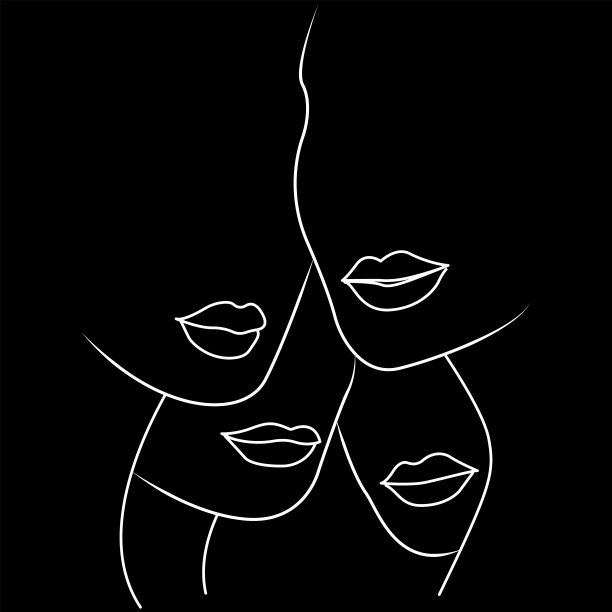 四个女人面对极简主义插图。黑白剪影。图片下载
