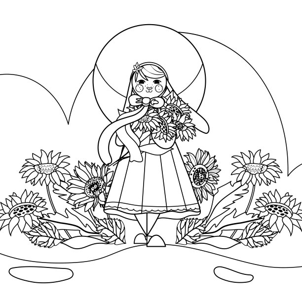 可爱的轮廓兔与向日葵。兔子角色夏天线条艺术插图。兔年，2023年的象征图片下载