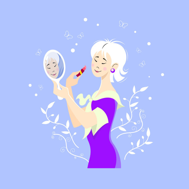 年轻的亚洲女孩与口红和一面镜子在她的手图片下载