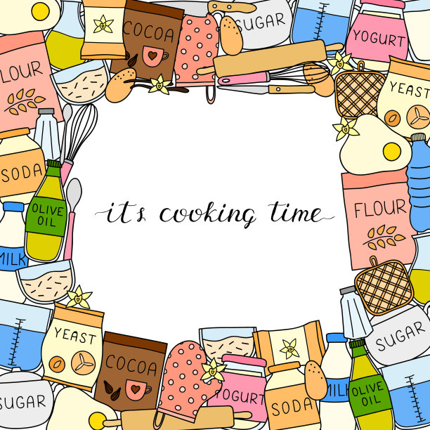 方形背景涂鸦烹饪食材。图片下载