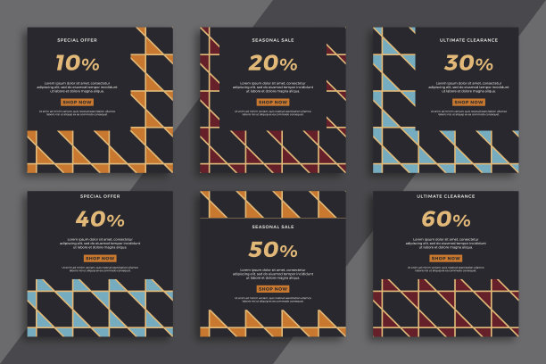 现代销售和折扣促销背景的社交媒体移动应用程序。一套黑暗的方形广告网页横幅与几何图案。简单的矢量编辑背景EPS 10图片下载
