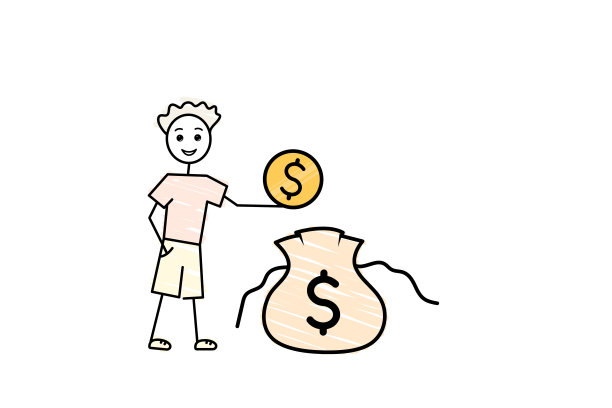 理财素养，男主角把金币收藏在一个巨大的钱袋里，男孩攒钱，银行存款，素描理财预算，卡通涂鸦矢量插图图片下载