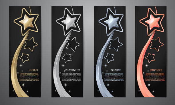 金属星和丝带在黑色卡片，金，白金，银，青铜，矢量插图。图片下载