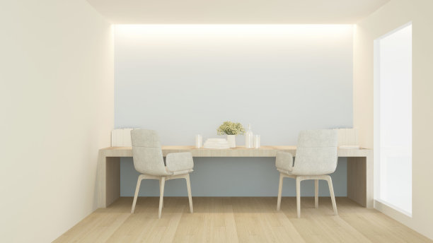 工作场所在家里或公寓和浅蓝色的墙壁装饰- 3d渲染图片下载