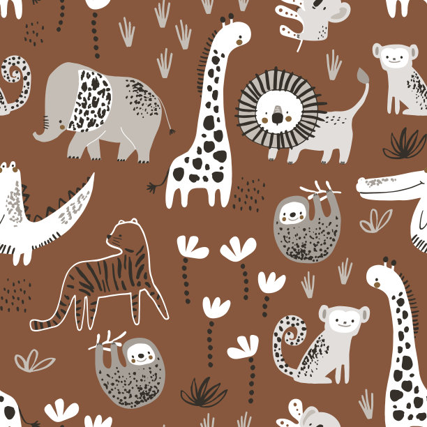 天衣无缝的幼稚丛林图案与老虎狮子图片下载