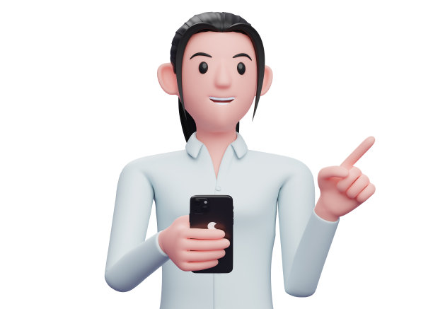 一位女商人的肖像，拿着手机，指着一边选择一些东西图片下载