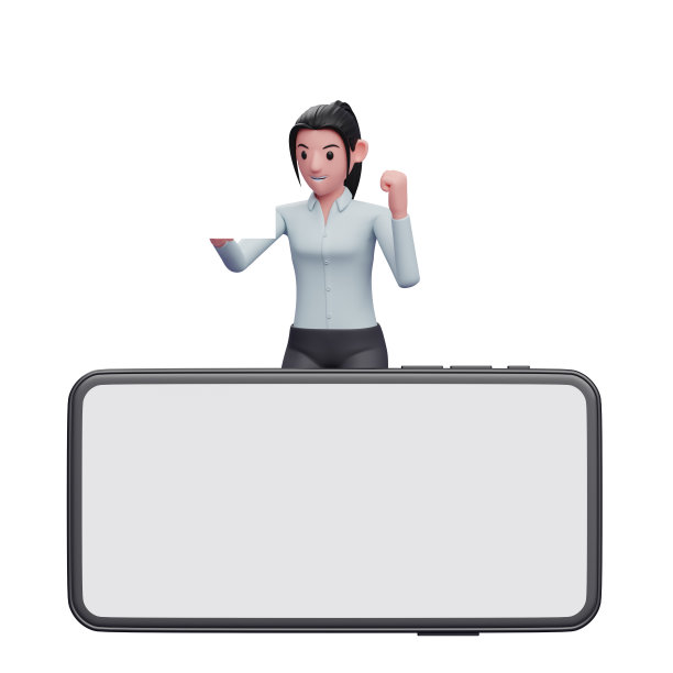 女商人站在一个大景观手机后庆祝图片下载