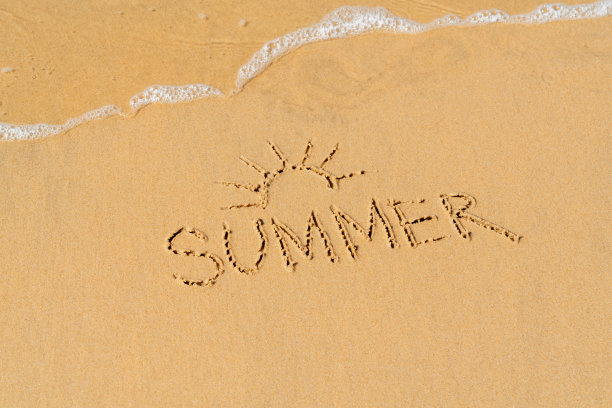 阳光，棕榈和铭文夏天在海沙滩上图片下载