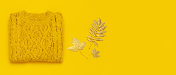 秋平铺构图。橘黄色针织羊毛女毛衣和金色叶在黄色背景俯视图。时尚女性秋季配饰。舒适的针织套头衫时髦的女士衣服图片下载