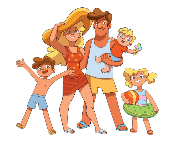 一家人度假时五颜六色的卡通人物图片下载