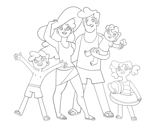 家庭度假黑白卡通图片下载