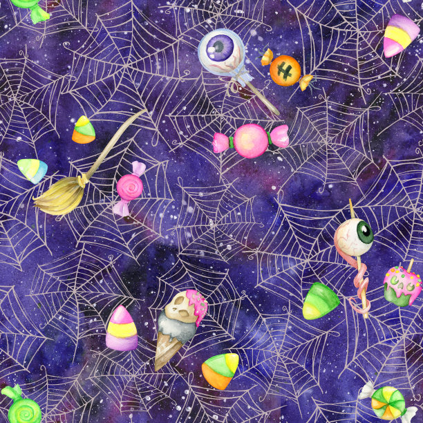 无缝的插图。糖果、蛋糕、水彩无缝图案，在蓝色背景和蜘蛛网上。用于印刷纺织品和数码纸，用于万圣节图片下载