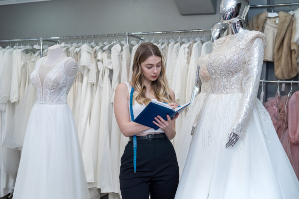 女设计师或卖家在婚礼时装商店的衣服附近做笔记图片下载