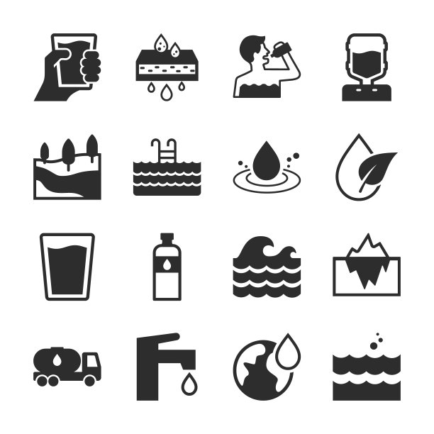 水的图标集。水的消耗、净化、使用。单色黑白图标。图片下载