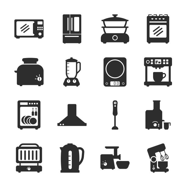 厨房电器图标设置。食物准备设备。单色黑白图标。图片下载