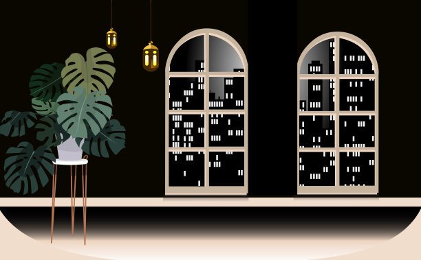 暗室室内设计，两扇窗户面向夜晚的城市，一对吊灯和一个装饰性的花盆。矢量设计。图片下载