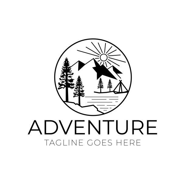 极简主义的山地露营符号插画模板设计，在一圈露营探险图片下载