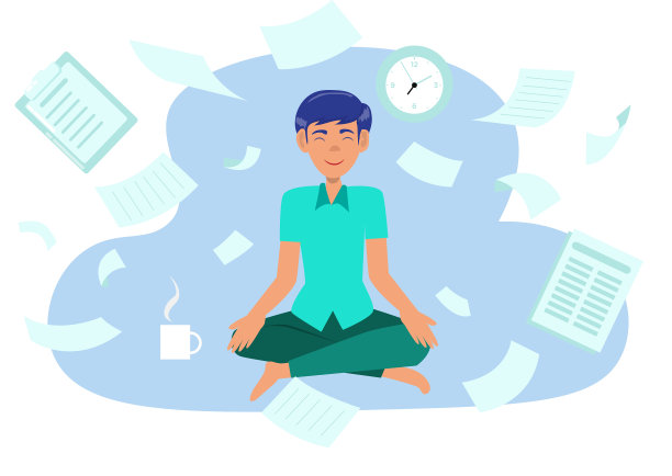 平面图标的男人在办公室做瑜伽平静图片下载