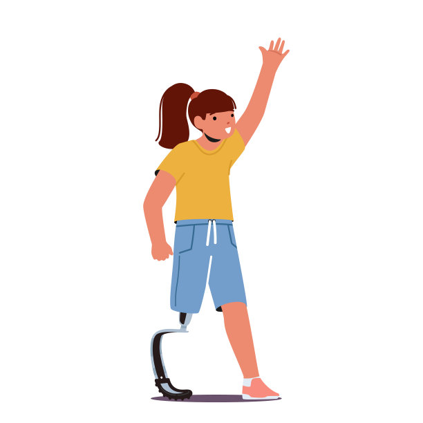 残疾的女孩与假肢微笑挥手图片下载