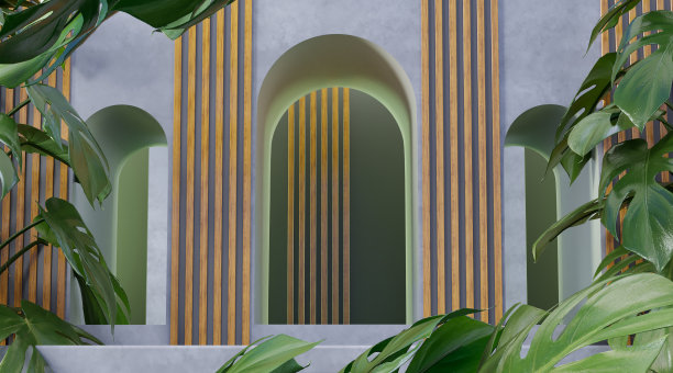 产品展示展示的最小场景。混凝土展示凹面墙，拱门和棕榈树，图片下载