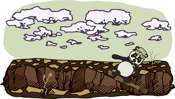 在一个断层附近的沙漠里的一只熊猫图片下载