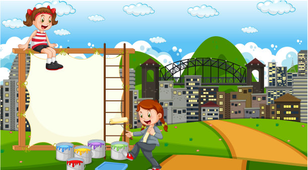 孩子们在城市画板的场景图片下载