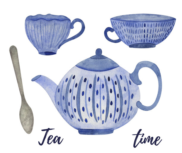 水彩收藏饮茶插图。茶杯，茶壶，香料，柠檬，肉桂。非常适合设计，剪贴簿纸图片下载