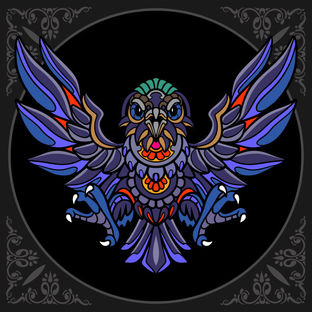 色彩斑斓的乌鸦鸟曾angle艺术孤立在黑色背景上。图片下载