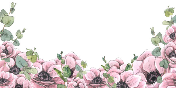 横板上有粉红色的花，海葵和桉树细枝。水彩插图与素描风格的图形元素。一幅来自巴黎的大旗。注册及设计图片下载