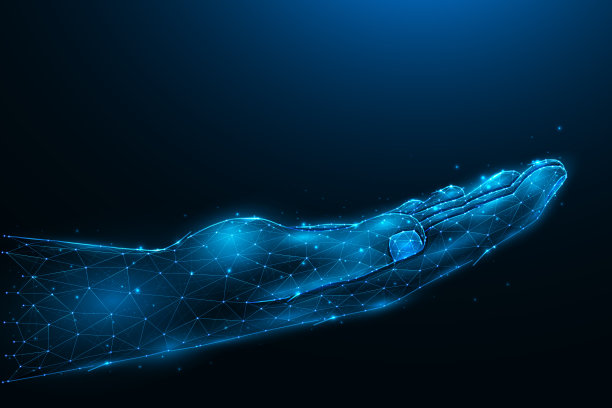 矢量多边形插图的开放的手掌在深蓝色的背景上上升。开掌手势低聚设计。赋予手的概念艺术图片下载