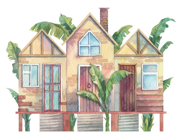 热带小房子外立面，背景是棕榈树。水彩手绘插画贺卡和明信片设计图片下载