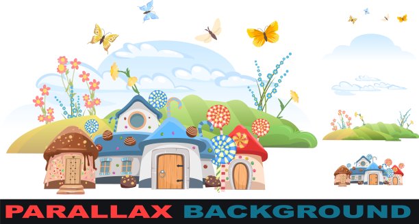 可爱的小仙女村庄，在草地上和蝴蝶嬉戏。设置视差效果。甜蜜的焦糖童话屋。插图在卡通风格的平面设计。图片为儿童隔离在白色背景..向量图片下载
