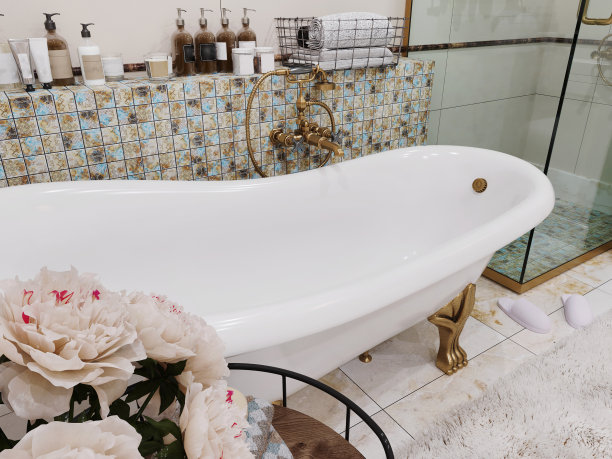 带有瓷砖墙壁和地板的现代浴室内部。三维渲染图片下载