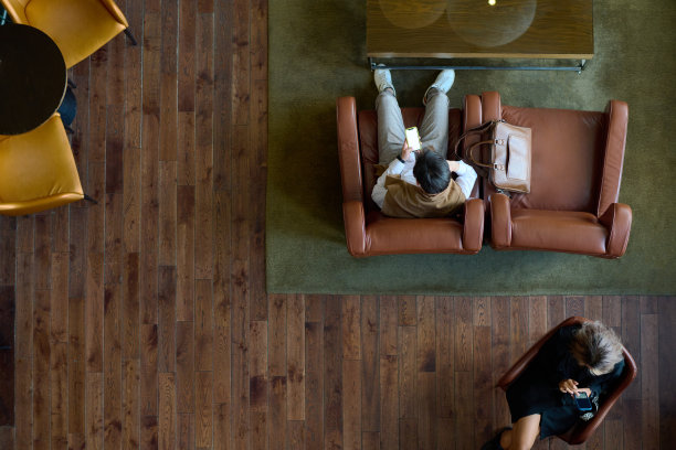 上图拍摄的年轻男女坐在休息室的皮革扶手椅上图片下载