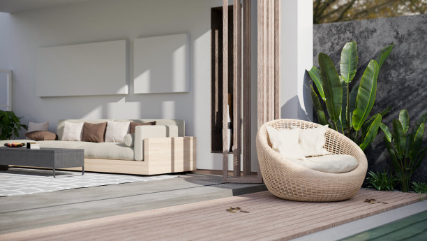 现代豪华客厅或泳池别墅，由游泳池室内设计与木制露台露台图片下载