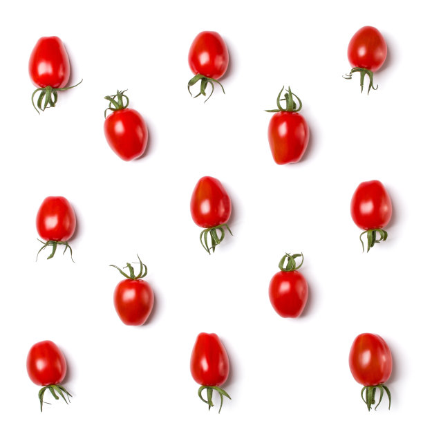 分离于黄色背景的樱桃番茄的食物形态。平铺，俯视图。图片下载