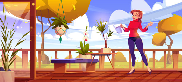 女人在秋天给房子露台上的植物浇水图片下载